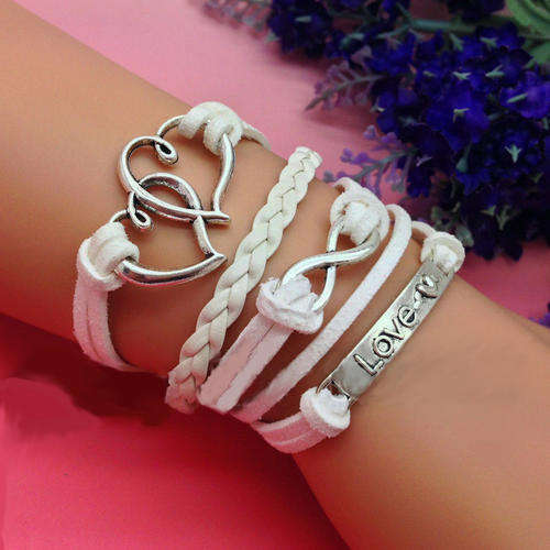INFINITY SILVER AND WHITE 4 IN 1 DOUBLE HEARTS AND LOVE LEATHER AND SUEDE BRACELET