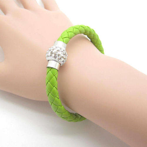 LEATHER WRAP - APPLE GREEN WRISTBAND WITH CLEAR RHINESTONE MAGNETIC CLASP BRACELET