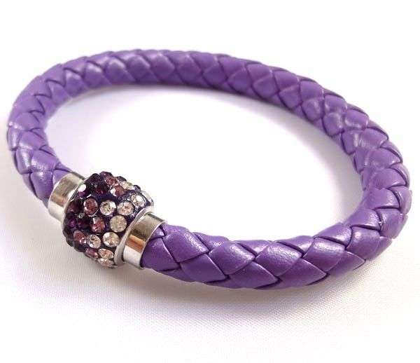 LEATHER WRAP - PURPLE WRISTBAND WITH PURPLE & CLEAR RHINESTONE MAGNETIC CLASP BRACELET