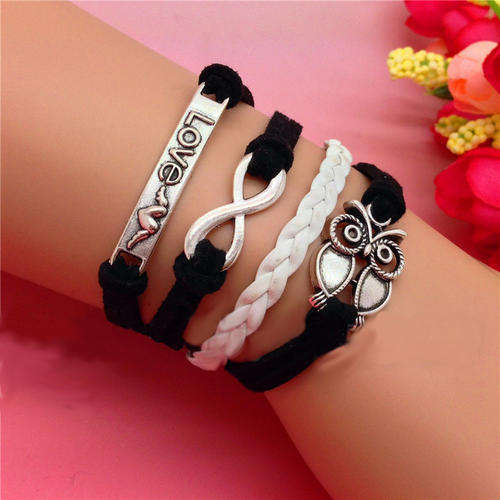 **SPECIAL** INFINITY SILVER, BLACK & WHITE - 4 IN 1 OWL AND "LOVE" - SUEDE BRACELET