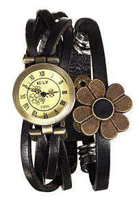 WATCH -GENUINE LEATHER  - VINTAGE FLOWER - WRAP - BLACK