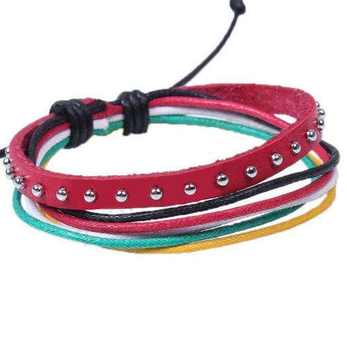 BRACELETS - GENUINE LEATHER & HEMP - HAND MADE MULTI LAYER WRISTBAND - MULTICOLOR - RED