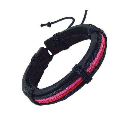 BRACELETS - GENUINE LEATHER & HEMP - HAND MADE MULTI LAYER WRISTBAND - BLACK, RED & ROSE