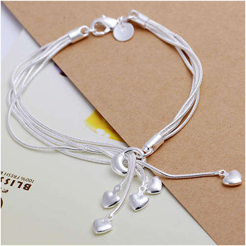 BRACELET - 925 SILVER STAMPED - SNAKE CHAIN WITH HEARTS