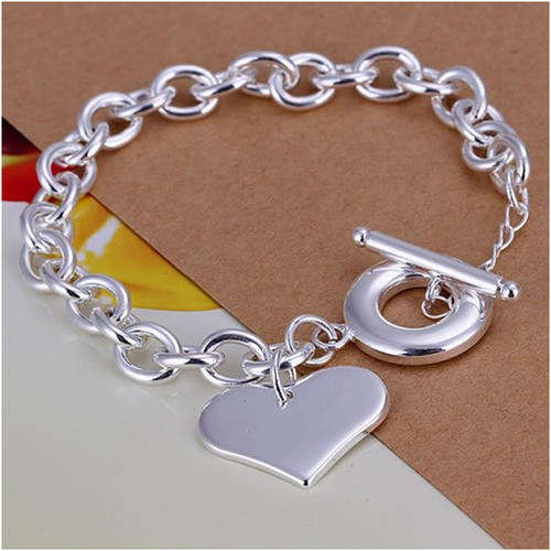 BRACELETS - 925 SILVER FILLED - SOLID FLAT HEART WITH TOGGLE CLASP