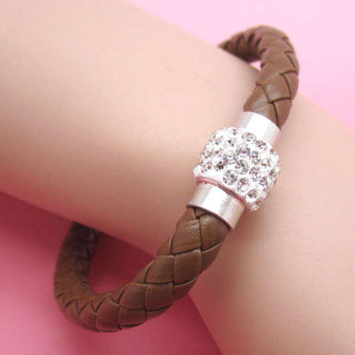 LEATHER WRAP - LIGHT BROWN WRISTBAND WITH CLEAR RHINESTONE MAGNETIC CLASP BRACELET