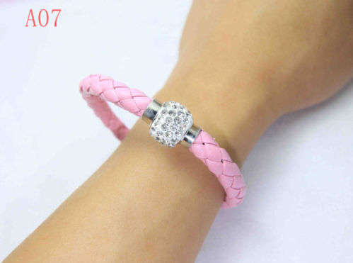 BRACELETS - LEATHER WRAP - LIGHT BABY PINK WRISTBAND CLEAR RHINESTONE MAGNETIC CLASP BRACELET 18.5CM