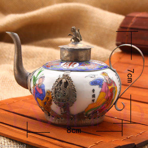 VINTAGE - CHINESE COLLECTIBLE HANDWORK - TIBETAN SILVER AND PORCELAIN - TEA POT