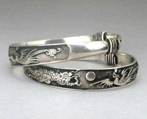 BRACELET - TIBETAN SILVER MENS BRACELET - CARVED DRAGONS