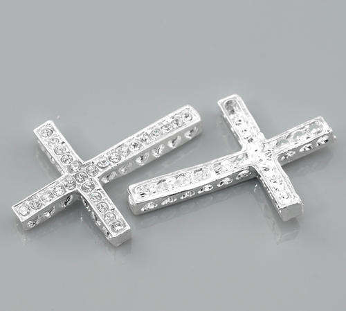CONNECTORS - SILVER PLATED - RHINESTONE CROSS - 36x25mm