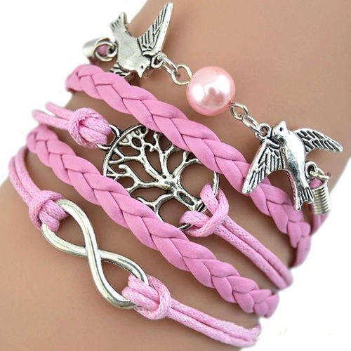 INFINITY - LEATHER AND ROPE BRACELET - SILVER, AND PINK - BIRDS, PEARL AND TREE OF LIFE - 5 IN ONE