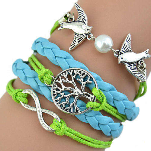 INFINITY - LEATHER & ROPE BRACELET - SILVER, GREEN & BLUE - BIRDS, PEARL, TREE OF LIFE - 54 IN ONE