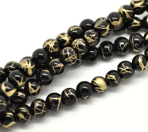 GLASS BEADS - ROUND - BLACK AND GOLD MOTTLED - 6mm - SOLD PER STRAND