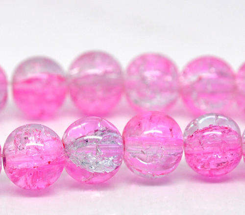GLASS BEADS - LOOSE - ROUND - PINK AND CLEAR CRACKLE - 10mm