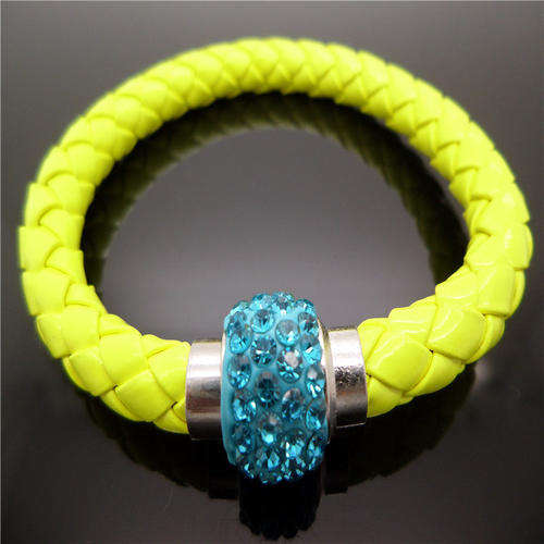 BRACELETS - LEATHER WRAP - BRIGHT YELLOW WRISTBAND WITH TURQUOISE RHINESTONE MAGNETIC CLASP BRACELET