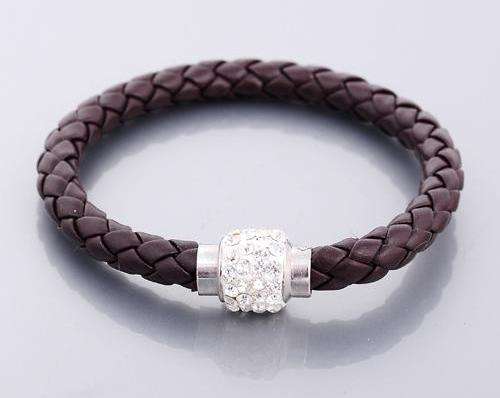 LEATHER WRAP - DARK BROWN WRISTBAND WITH CLEAR RHINESTONE MAGNETIC CLASP BRACELET