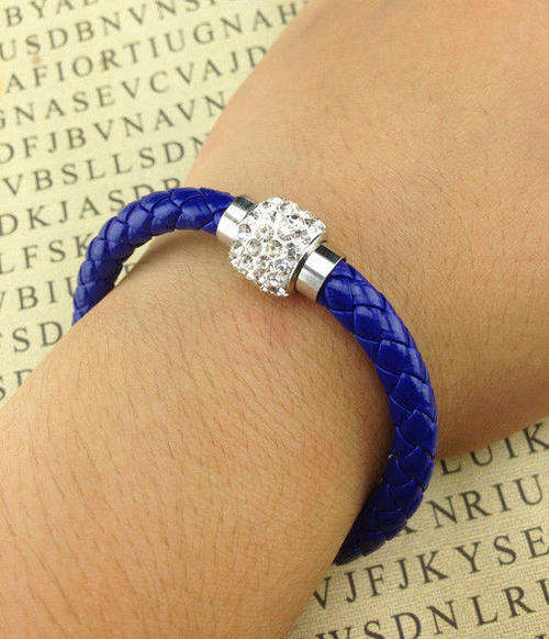 LEATHER WRAP - ROYAL BLUE WRISTBAND WITH CLEAR RHINESTONE MAGNETIC CLASP BRACELET