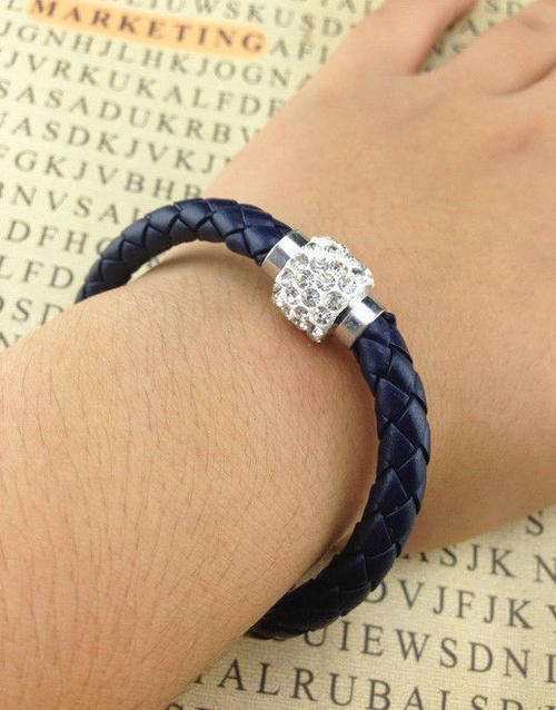 LEATHER WRAP - INK BLUE WRISTBAND WITH CLEAR RHINESTONE MAGNETIC CLASP BRACELET
