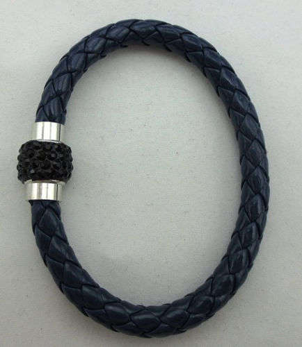 LEATHER WRAP - INK BLUE WRISTBAND WITH BLACK RHINESTONE MAGNETIC CLASP BRACELET