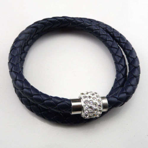 LEATHER WRAP - DOUBLE - INK BLUE WRISTBAND WITH CLEAR RHINESTONE MAGNETIC CLASP BRACELET
