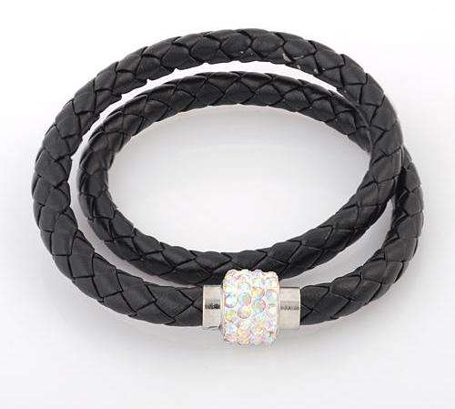 BRACELETS - LEATHER WRAP - DOUBLE - BLACK WRISTBAND WITH CLEAR RHINESTONE MAGNETIC CLASP BRACELET