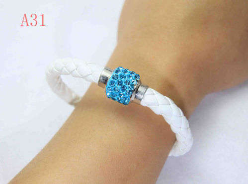 LEATHER WRAP - WHITE WRISTBAND WITH BLUE RHINESTONE MAGNETIC CLASP BRACELET