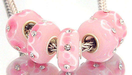 PANDORA STYLE - 925 SILVER CORE - MURANO GLASS BEADS - PINK WITH FLOWER AND CRYSTAL