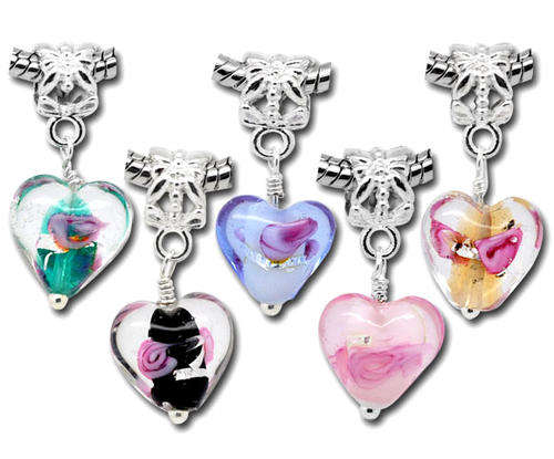 EUROPEAN STYLE - SLIDE ON CHARMS - MURANO GLASS INNER FLOWER HEARTS - ASSORTED COLORS