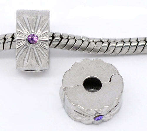 PANDORA STYLE - 925 SILVER - CLIP ON - BEAD STOPPER - PURPLE RHINESTONES