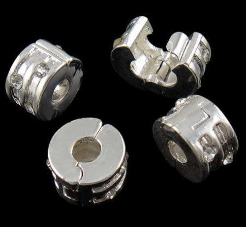PANDORA STYLE - RONDELLE - CLIP ON - BEAD STOPPER - CLEAR RHINESTONES