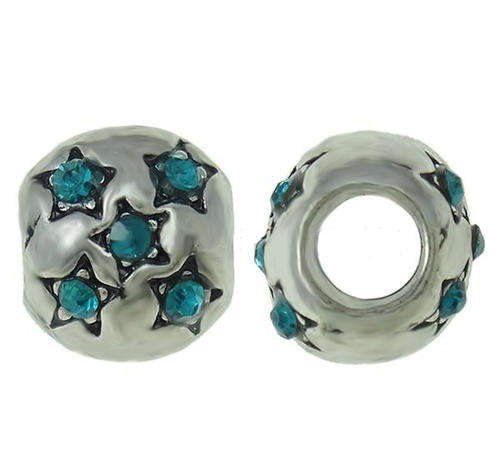 EUROPEAN STYLE - DRUM - ANTIQUE SILVER - STAR - SPACER BEADS WITH BLUE RHINESTONES
