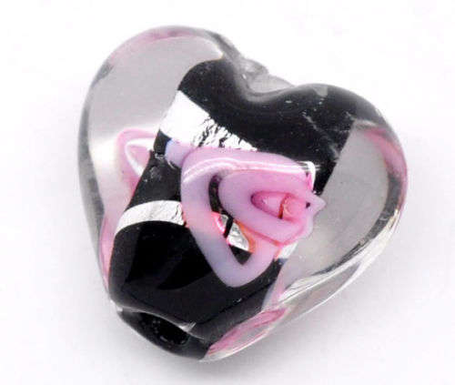 GLASS BEADS - SILVERFOIL - LAMPWORK - HEART - CLEAR BLACK WITH INNER ROSE - 13x13x8mm