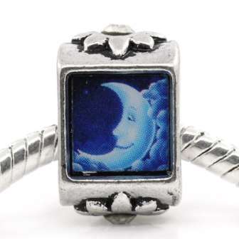 PANDORA STYLE - RECTANGLE - ANTIQUE SILVER -  MOON DECAL - BEADS - 9.50x15.50x8.50mm