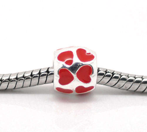 PANDORA STYLE - DRUM - ANTIQUE SILVER - RED - ENAMEL HEART - SPACER BEADS