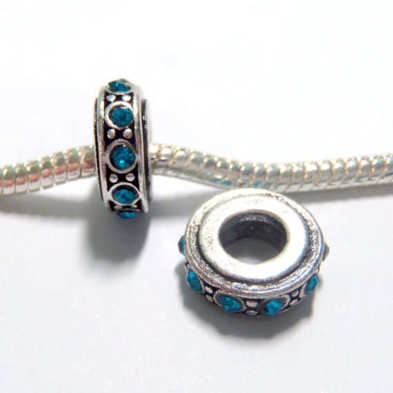 EUROPEAN STYLE - DONUT - ANTIQUE SILVER - SPACER BEADS WITH BLUE RHINESTONES