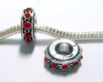 EUROPEAN STYLE - DONUT - ANTIQUE SILVER - SPACER BEADS WITH RED RHINESTONES