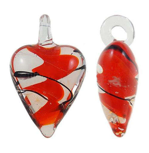 PENDANTS - INNER TWIST - MURANO GLASS - LAMPWORK - HEART - RED AND BLACK - 30x37x16mm