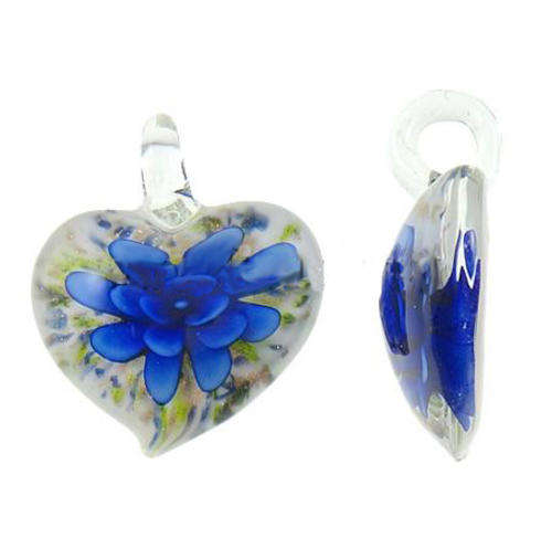 PENDNATS - INNER FLOWER MURANO GLASS LAMPWORK - HEART - BLUE AND GOLD SAND - 36.50x31.50x12mm