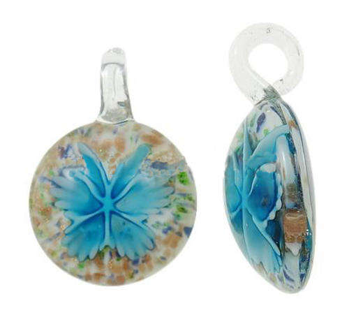 PENDANTS - INNER FLOWER MURANO GLASS LAMPWORK - FLAT ROUND - LIGHT BLUE AND GOLD SAND - 34x12mm