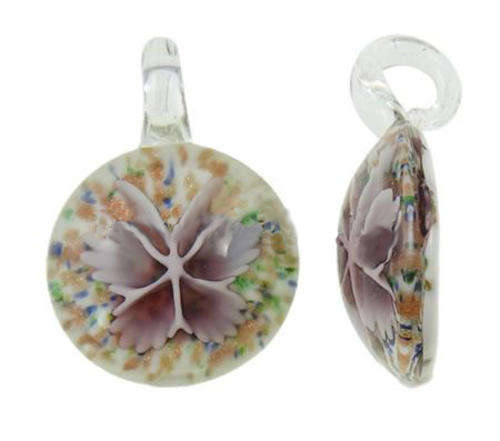 PENDANTS - INNER FLOWER - MURANO GLASS - LAMPWORK - FLAT ROUND - PINK AND GOLD SAND - 34x12mm