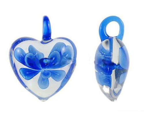 PENDANTS - INNER FLOWER - MURANO GLASS - LAMPWORK - HEART - ROYAL BLUE - 29x27.50x15mm