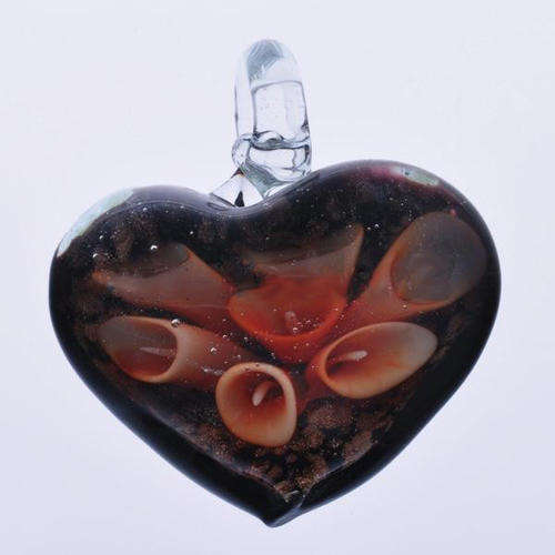 PENDANTS - INNER FLOWER MURANO GLASS LAMPWORK - HEART - ORANGE AND GOLD SAND - 38.50x43.50x12.50mm