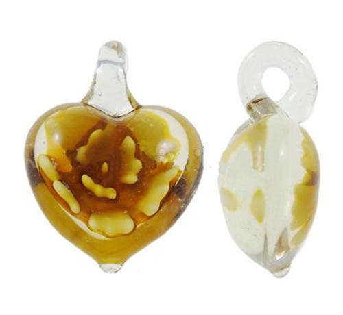PENDANTS - INNER FLOWER MURANO GLASS LAMPWORK - HEART - YELLOW - 20x19x11mm