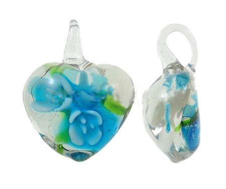 INNER FLOWER MURANO GLASS LAMPWORK PENDANT - HEART - BLUE AND GREEN - 22.50x29x11mm