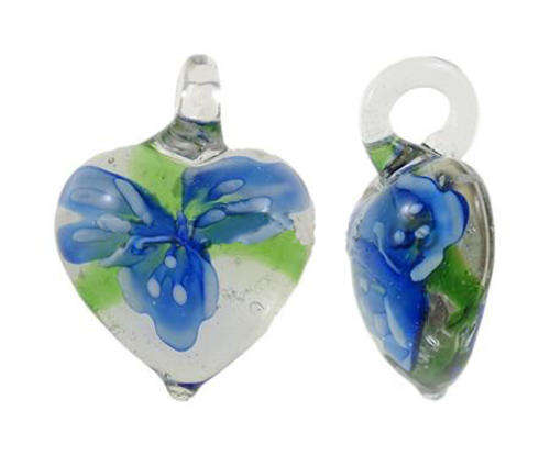 PENDANTS - INNER FLOWER MURANO GLASS LAMPWORK - HEART - BLUE AND GREEN - 22.50x29x11mm