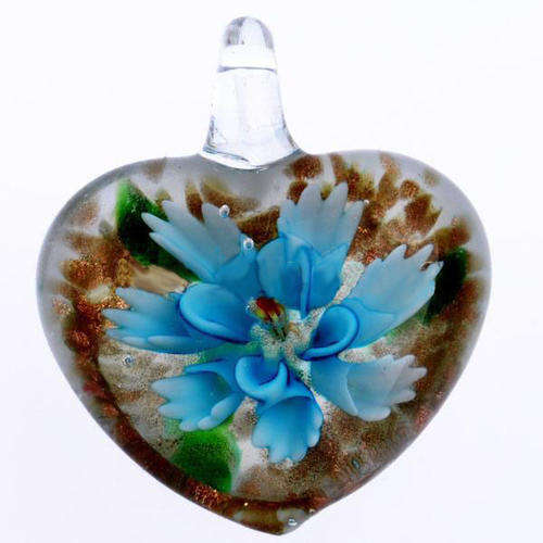 INNER FLOWER MURANO GLASS LAMPWORK PENDANT - HEART - BLUE AND GOLD SAND - 38.x31x14mm