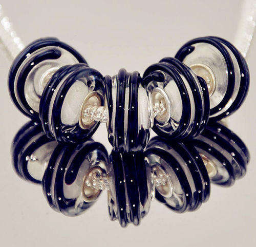 PANDORA STYLE 925 SILVER MURANO GLASS BEADS - CLEAR WITH BLACK RAISED LAMPWORK STRIPES