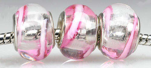 PANDORA STYLE 925 SILVER MURANO GLASS BEADS - CLEAR WITH PINK AND WHITE STRIPES