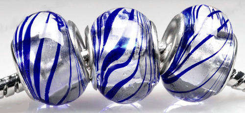 PANDORA STYLE 925 SILVER MURANO GLASS BEADS - CLEAR WITH ROYAL BLUE STRIPES