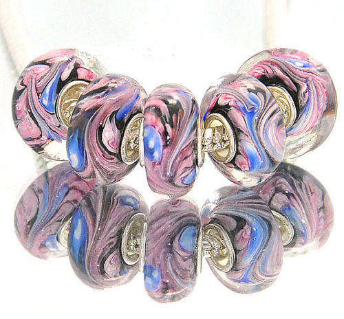 EUROPEAN STYLE - 925 SILVER CORE - GLASS BEADS - CLEAR WITH BLACK PINK & BLUE INNER SWIRLS